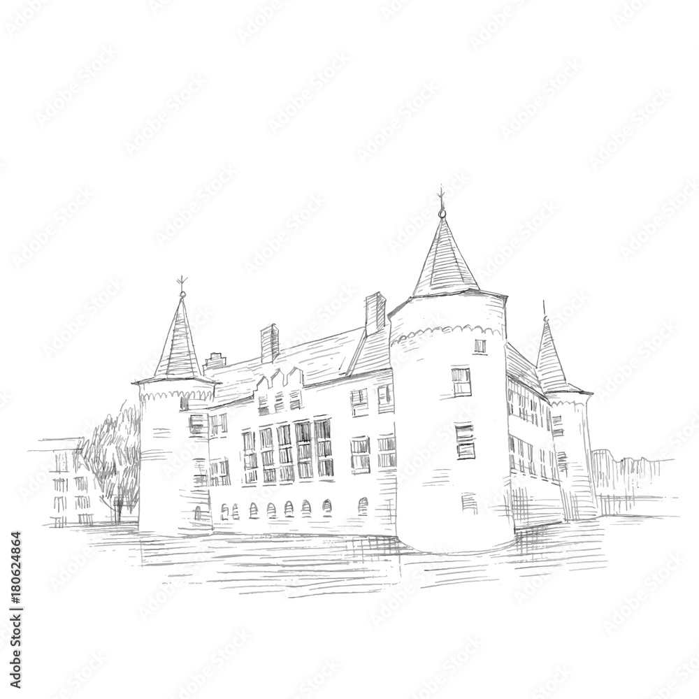 Graphic illustration of a castle. Picture of an old West European castle. Graphical black and white illustration