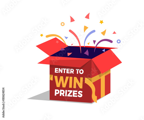 Prize box opening and exploding with fireworks and confetti. Enter to win prizes design. Vector illustration