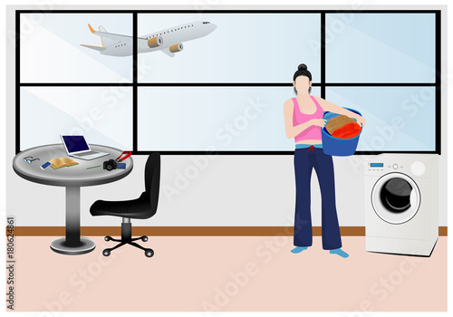 the lovely lady with washing machine in the room vector design