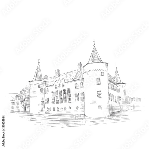 Graphic illustration of a castle. Picture of an old West European castle. Graphical black and white illustration