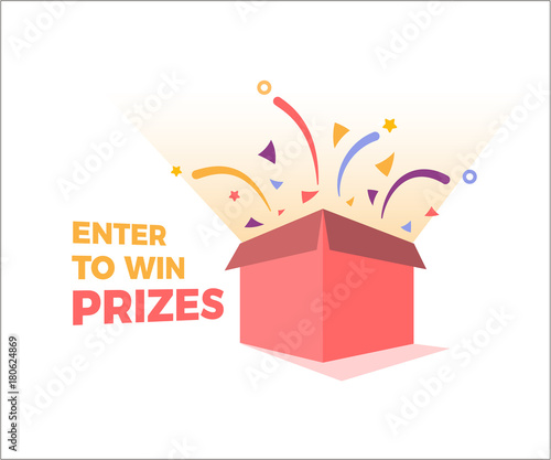 Prize box opening and exploding with fireworks and confetti. Enter to win prizes design. Vector illustration photo