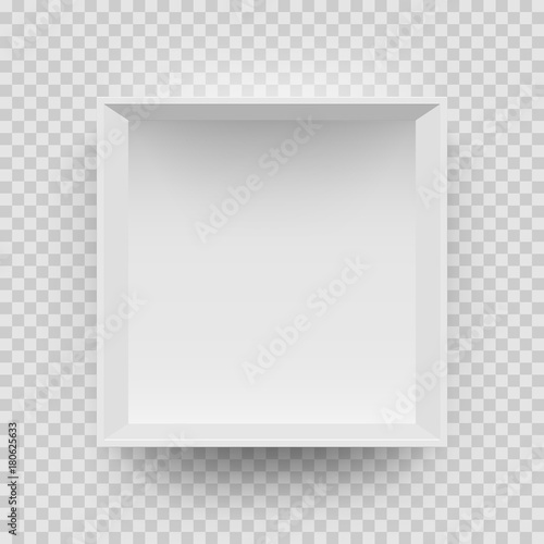 Empty white box mock up model 3D top view with shadow. Vector isolated blank cardboard open or white paper matchbook container box package template on transparent background