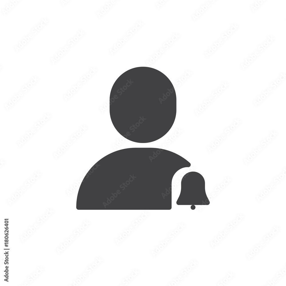 Notification user icon vector, filled flat sign, solid pictogram isolated on white. person and bell symbol, logo illustration. Notification user icon vector, filled flat sign, solid pictogram isolated on white. person and bell symbol, logo illustration.