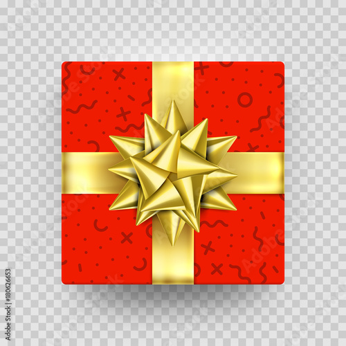 Christmas gift box gold present in golden ribbon bow and wrapping paper wave pattern. Vector premium gift box isolated on transparent background for New Year, Christmas holiday, Birthday greeting card