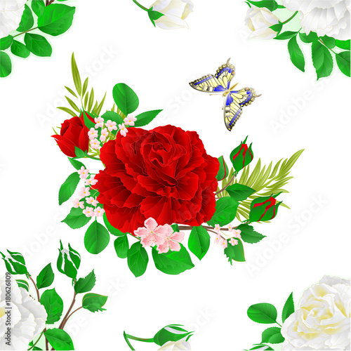Seamless texture flower white and red roses  and buds  and a butterfly vintage  festive  background vector illustration editable hand draw