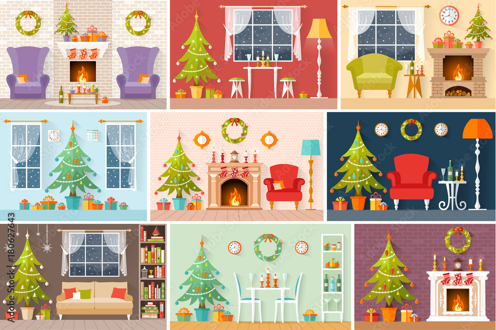 Set of vector Christmas interiors in a flat style. The rooms are decorated for the new year. A series of Christmas and New Year greeting cards.