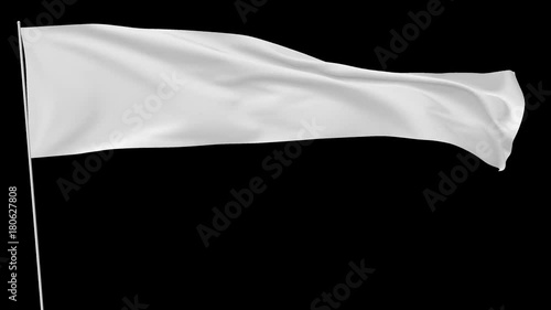Long blank plain white flag on flagpole flying and waving in the wind, surrender flag, 3D animation with alpha channel included