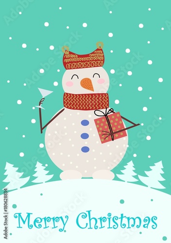 happy christmas and new year, greeting christmas card with cute snowman