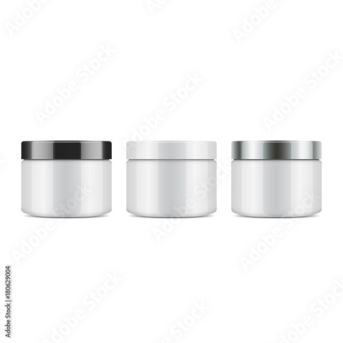 Set of round white plastic jar with lid for cosmetics. Vector mockup template