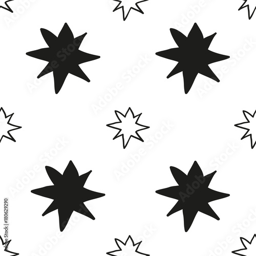 Monochrome geometric seamless pattern with hand draw Christmas stars