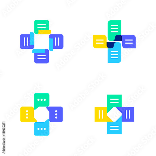 Cross of medication lists and speech bubbles - medical or pharmacy vector logo mark template or icon