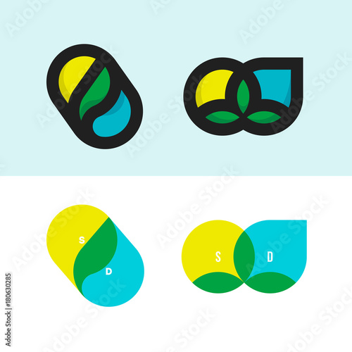 Sun, drop and leaf - elegant vector logo mark template or icon with elements of nature