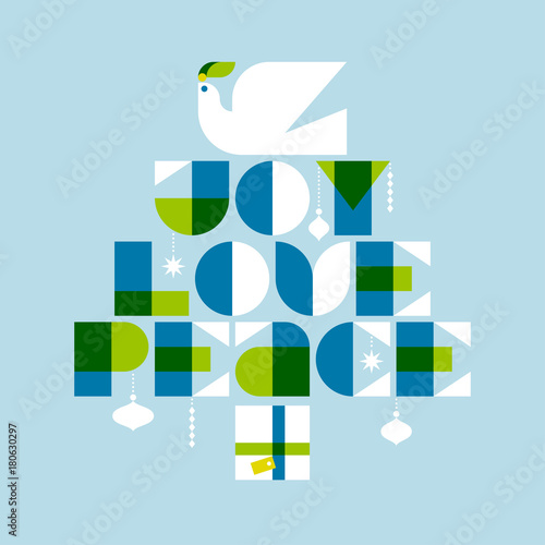 Christmas greeting card with dove and decorated Christmas tree with joy love peace lettering
