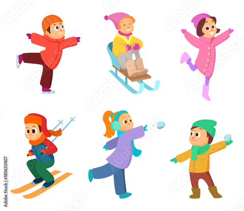 Happy childrens playing in winter games. Cartoon funny characters