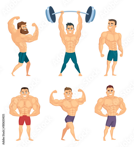 Cartoon characters of strong and muscular bodybuilders posing in different poses