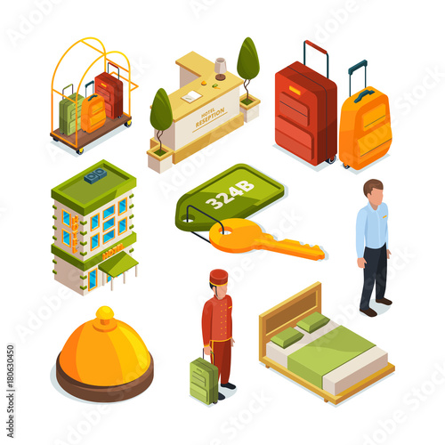 Icons set of hotel services. Isometric illustrations of reception tables
