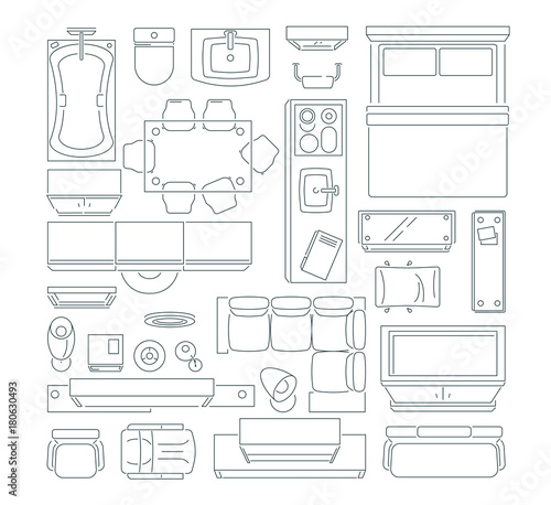 Top view of different furniture set for layout of the apartment. Vector mono line pictures set
