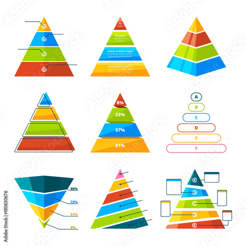Set of different triangles and pyramids with levels. Vector symbols for infographic