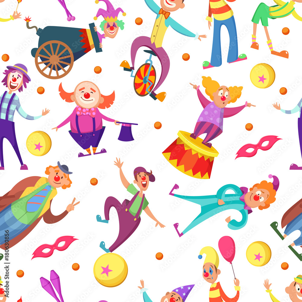 Background for greeting cards. Seamless pattern with funny clowns in cartoon style Background for greeting cards. Seamless pattern with funny clowns in cartoon style