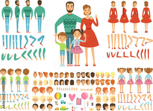 Big happy family. Mother, father and childrens. Mascot creation kit. Funny couple with kids