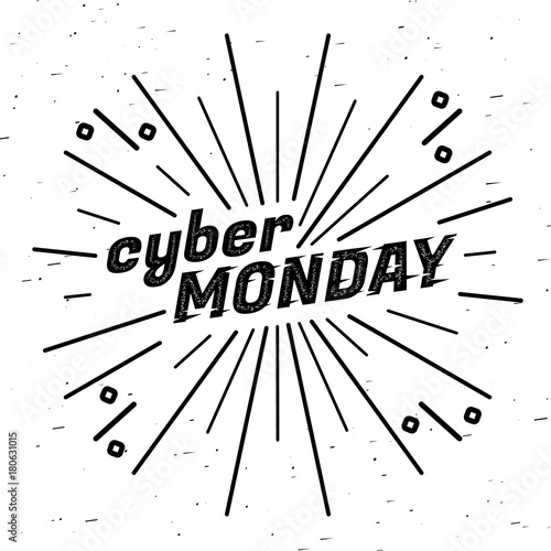 Cyber Monday Sale label. Template design web banner for cyber monday offer. Promotion design in glitch, retro style with geometric particle and rays.
