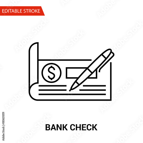 Bank Check Icon. Thin Line Vector Illustration - Adjust stroke weight - Expand to any Size - Easy Change Colour - Editable Stroke - Pixel Perfect