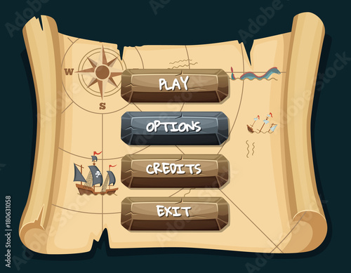 Vector cartoon style stone enabled and disabled buttons with text for game design on treasure map scroll background
