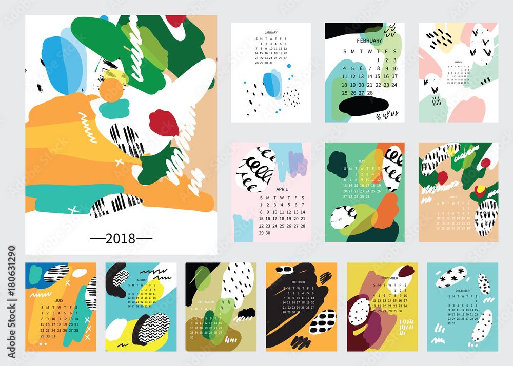 Naklejka premium Modern 2018 monthly calendar with hand drawn paintings and textures.