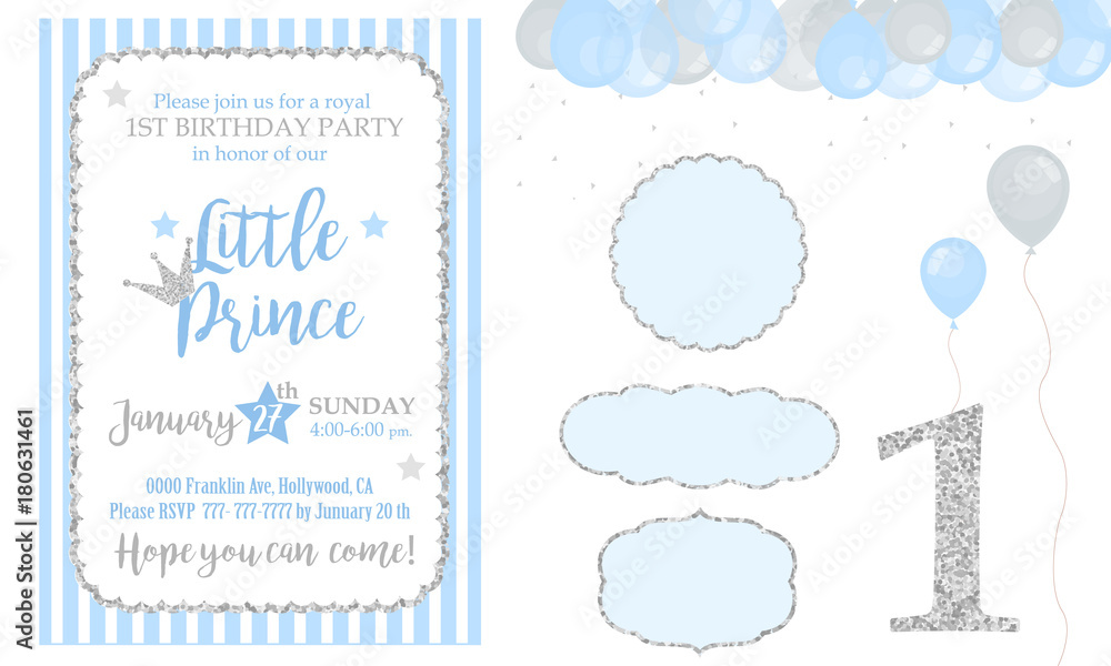 Blue and silver prince party decor. Cute happy birthday card template elements. Birthday party and boy baby shower design elements set. Glitter texture.  Gloss effect. Banner with balloons