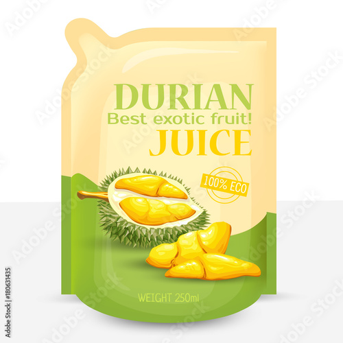 Vector realistic illustration, packing for juice from exotic durian fruit, isolated on white background. Template, mock up package design for juice with brand information