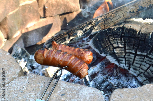 Two boys are grilling or barbecuing Polish sausages over an open fire pit in their backyard