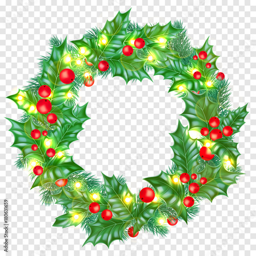 Christmas greeting card template background of holly leaf wreath and Christmas lights garland. Vector Christmas tree ornament or on New Year fir or pine tree decoration for winter holiday banner