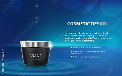Advertising poster of a moisturizing cosmetic product, a black jar with a silver lid, water droplets isolated on a blue background. Vector realistic design of packaging for moisturizing face cream
