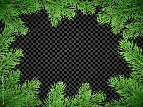Christmas holiday greeting card background template of New Year fir or pine tree branch wreath frame of snow frost. Vector Christmas or New Year party or sale banner design on transparent white