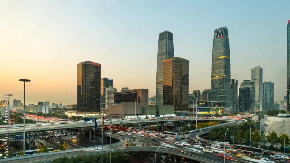 Timelapse of downtown cityscape from day to night,Beijing,China. Timelapse of downtown cityscape from day to night,Beijing,China.