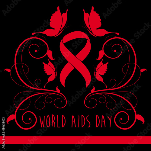 World AIDS day red ribbon web banner background. 1st December awareness world day. HIV and AIDS ribbon symbol or emblem badge vector background design template for banner or poster