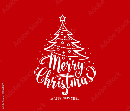 Merry christmas and happy new year text. Xmas tree with decoration, type.