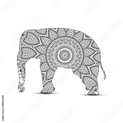 Silhouette of elephant with king s circular ornament.  Zentagle art.