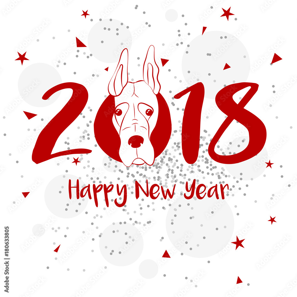 Happy New Year. 2018 with dog head. Vector background. Design for greeting card, poster, banner and flyers Happy New Year. 2018 with dog head. Vector background. Design for greeting card, poster, banner and flyers