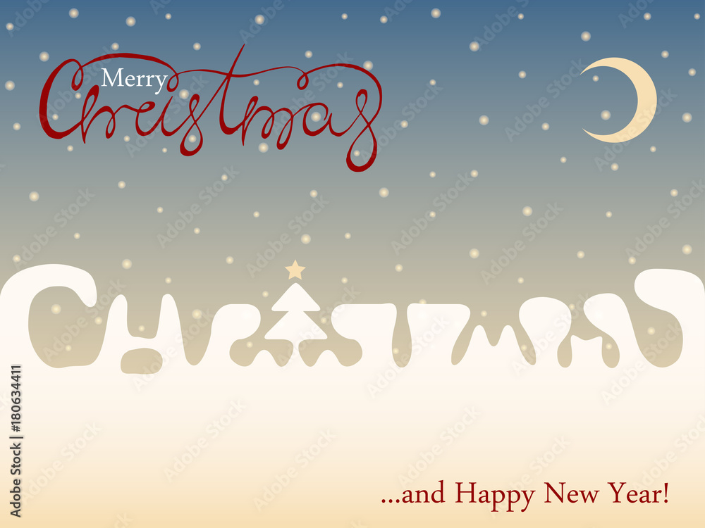 Red Merry Christmas font on blue sky  background. Xmas and Happy New Year lettering for greeting card and poster. Snow drifts stylized text Christmas.Vector illustration