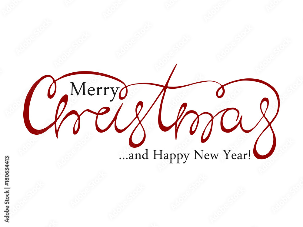 Merry Christmas hand drawn calligraphic lettering text. Creative vector typography for holiday greeting card or poster. Calligraphy font for New Year Banner