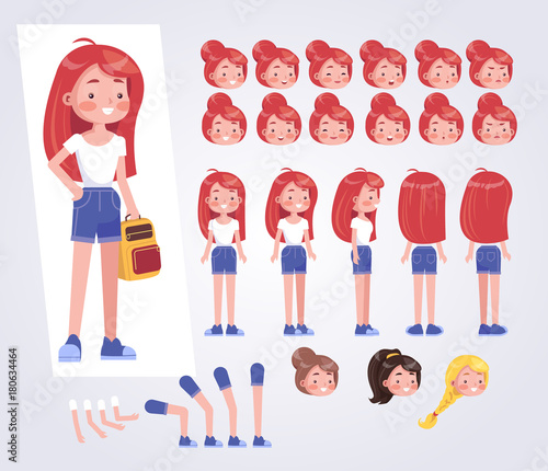 Happy teenager girl  character with various views