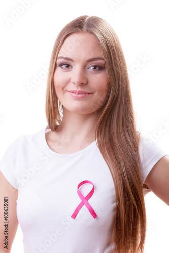 Woman wih pink cancer ribbon on chest © Voyagerix