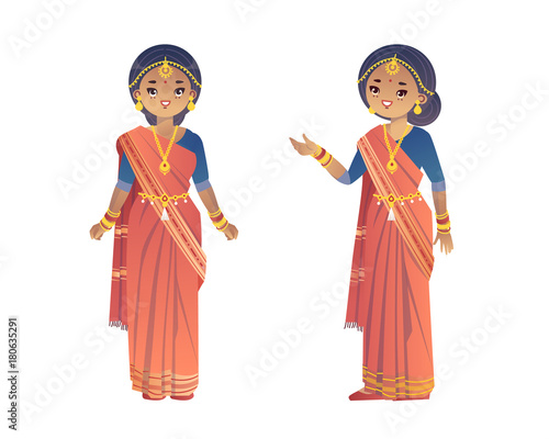 Set of indian young women in national costumes