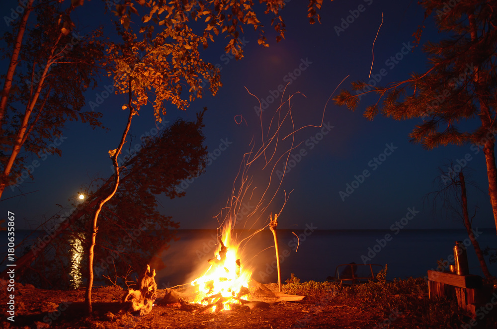 Fototapeta Big night bonfire on the riverbank in the forest clearing, flames, sparks and fireplace.