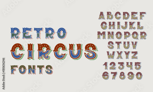 doodle retro circus fonts and numbers alphabet design set photo