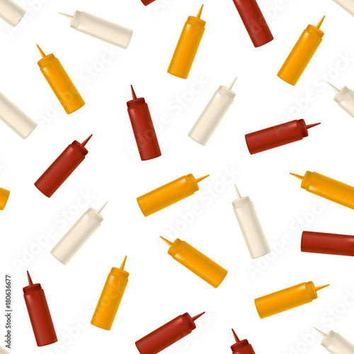 Realistic Detailed Bottle for Sauce, Mustard and Ketchup Background Pattern. Vector