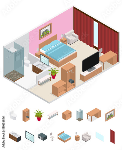Interior Hotel Room Isometric View. Vector