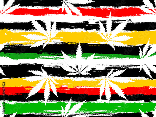 Rastafarian background colours. Marijuana. Cannabis leaf seamless pattern. Marijuana and cannabis leaves design. Perfect for wallpapers, pattern fill, web page background, surface texture, textile