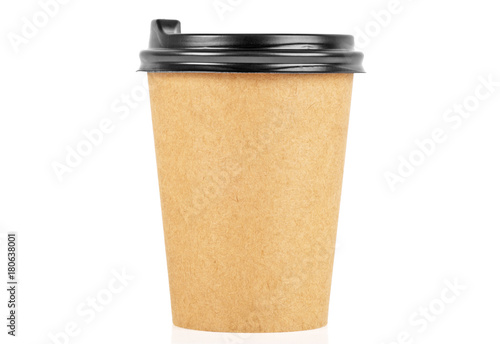 Brown paper cup of coffee on white background